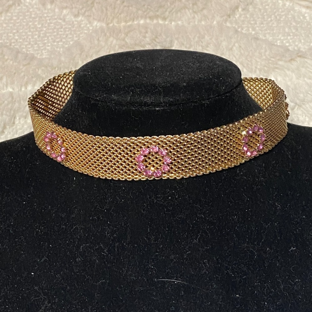 New Old Stock Vintage Gold Tone Mesh Choker Necklace with Pink Rhinestones